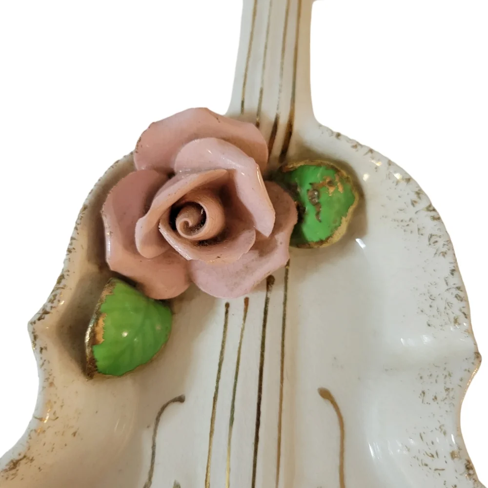 Vintage Lefton Violin Chello Trinket Dish Roses